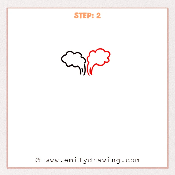 how to draw a cartoon volcano - Step 2 of how to draw a cartoon volcano adds a second smoke puff beside the first, with matching curved plume lines to build the eruption sketch.